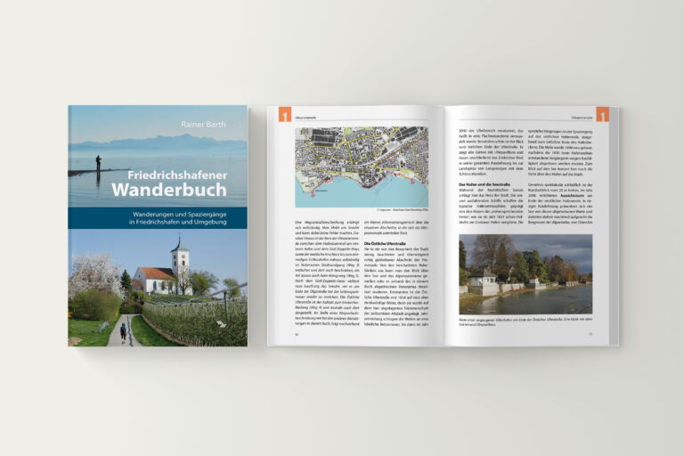 Mockup Friedrichshafener Wanderbuch von Rainer Barth mit Cover und 2 Inhaltsseiten